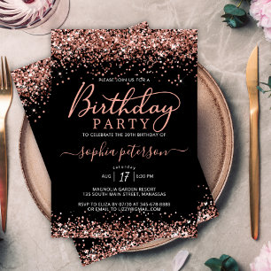 Elegant Rose Gold Glitter Any Age Black Birthday Invitation