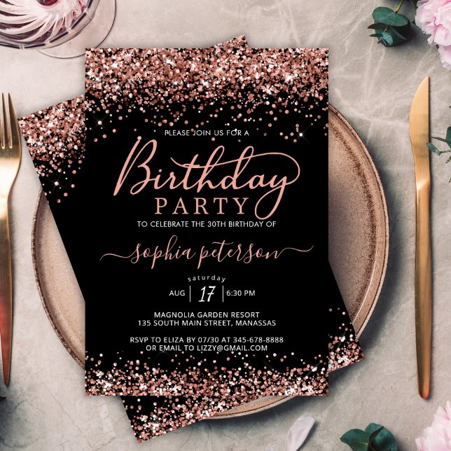 Elegant Rose Gold Glitter Any Age Black Birthday Invitation (Creator Uploaded)