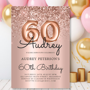 Elegant Rose Gold Glitter Balloon 60th Birthday Invitation