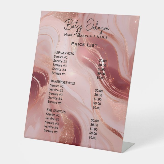 Elegant Rose Gold Glitter Beauty Salon Price List Pedestal Sign (Front)