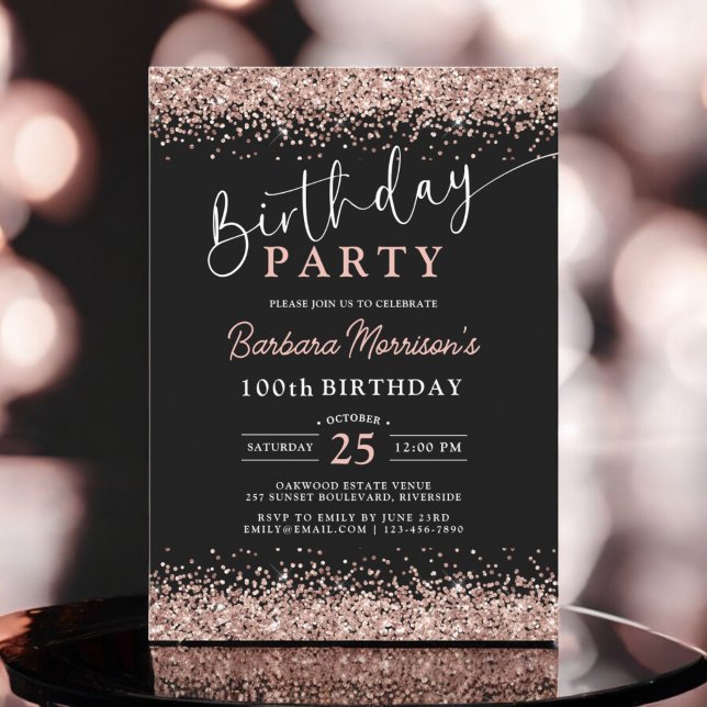 Elegant Rose Gold Glitter Black 100th Birthday Invitation (Creator Uploaded)