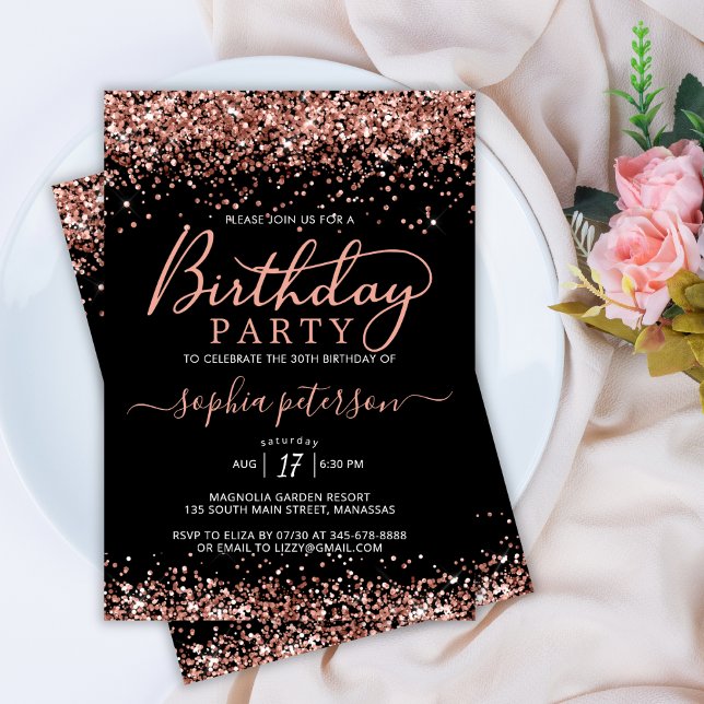 Elegant Rose Gold Glitter Black Any Age Birthday Invitation (Creator Uploaded)
