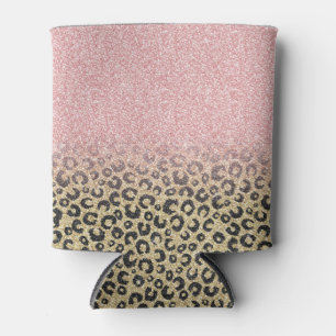 Elegant Rose Gold Glitter Black Leopard Print Can Cooler