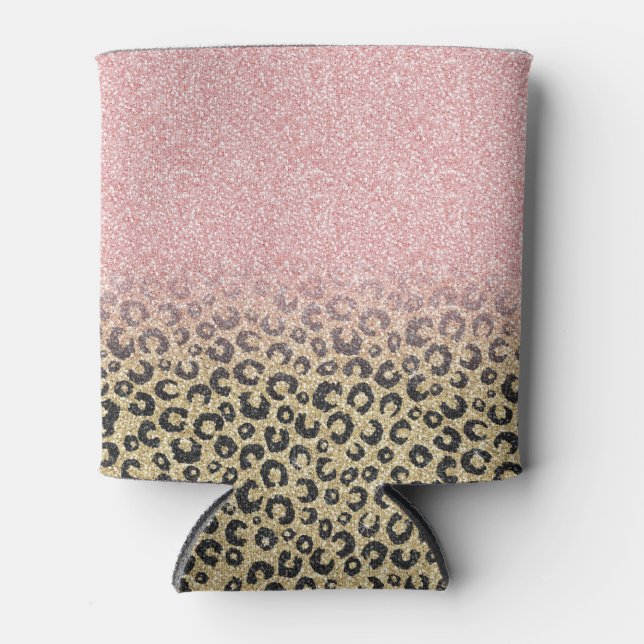 Elegant Rose Gold Glitter Black Leopard Print Can Cooler (Front)