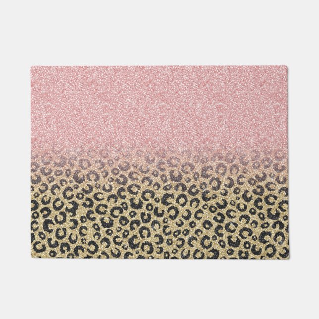 Elegant Rose Gold Glitter Black Leopard Print Doormat (Front)