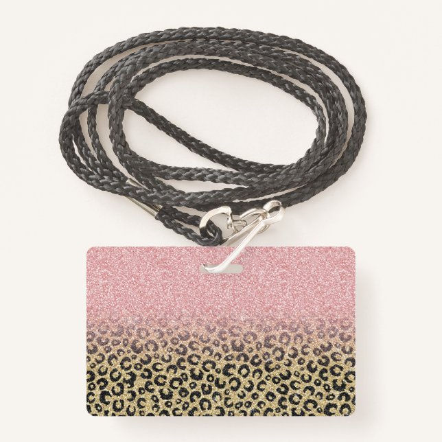 Elegant Rose Gold Glitter Black Leopard Print ID Badge (Front with Lanyard)