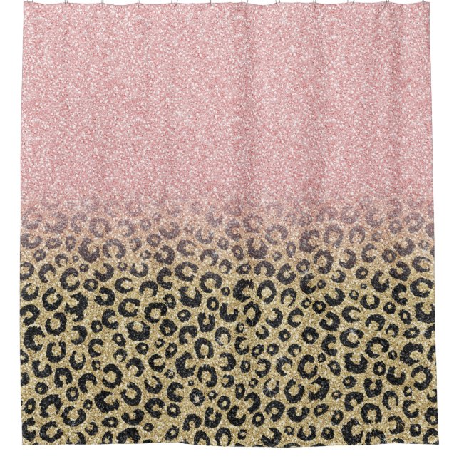 Elegant Rose Gold Glitter Black Leopard Print Shower Curtain (Front)