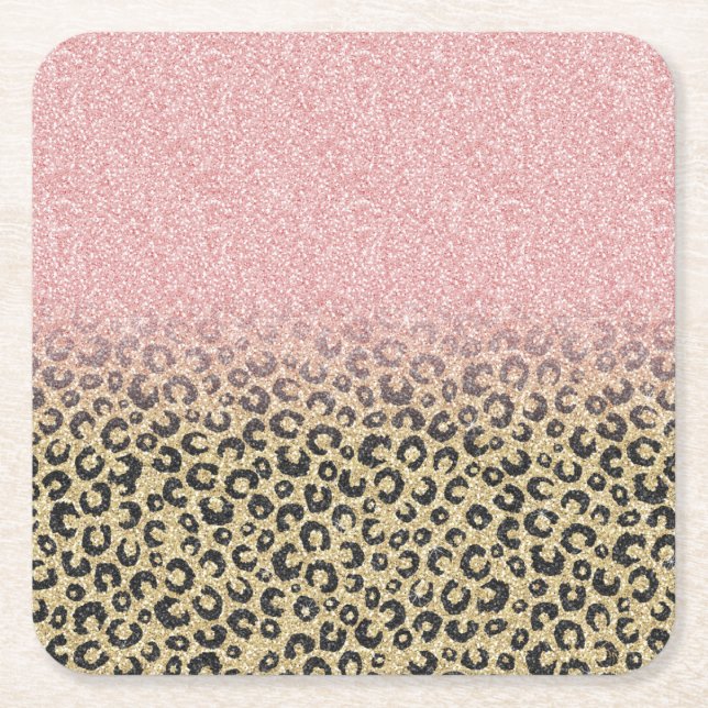 Elegant Rose Gold Glitter Black Leopard Print Square Paper Coaster (Front)