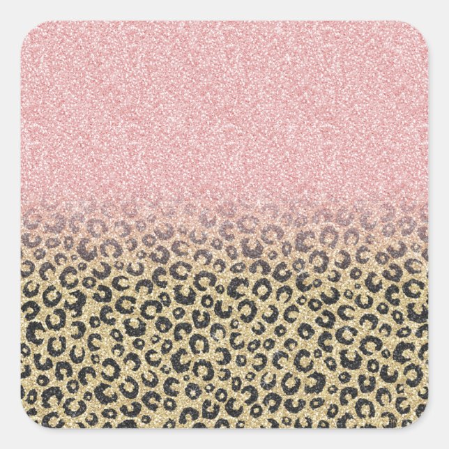 Elegant Rose Gold Glitter Black Leopard Print Square Sticker (Front)