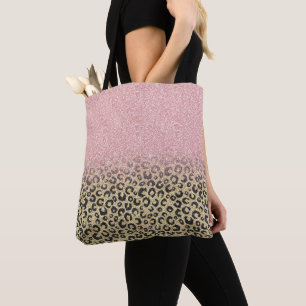 Elegant Rose Gold Glitter Black Leopard Print Tote Bag
