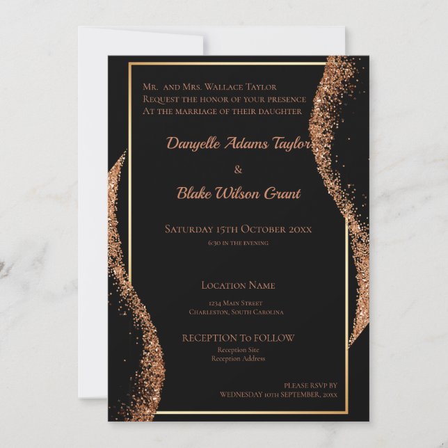 Elegant Rose Gold Glitter Black Wedding Invitation (Front)