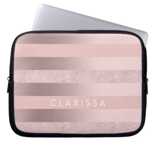 Elegant rose gold glitter & blush pink stripe laptop sleeve