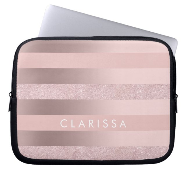 Elegant rose gold glitter & blush pink stripe laptop sleeve (Front)