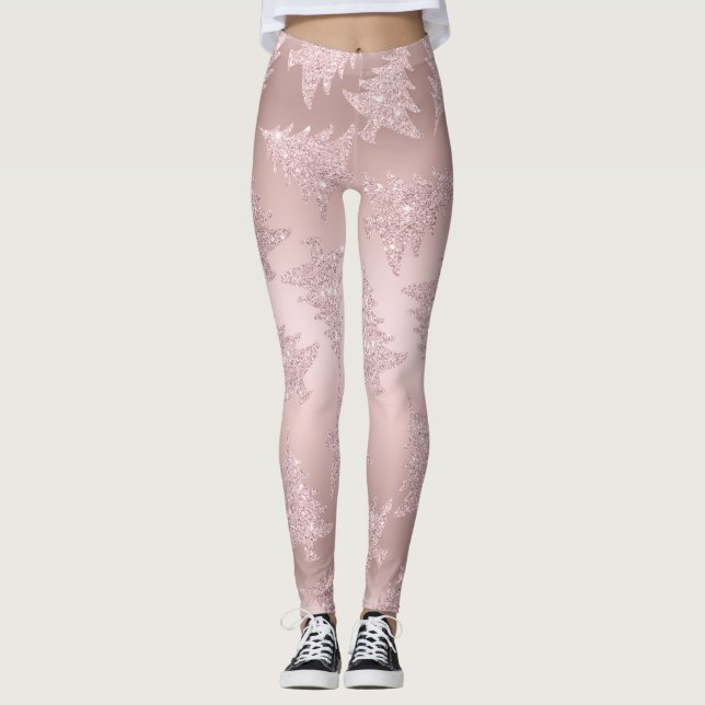 Elegant Rose Gold Glitter Christmas Tree Pattern Leggings (Front)