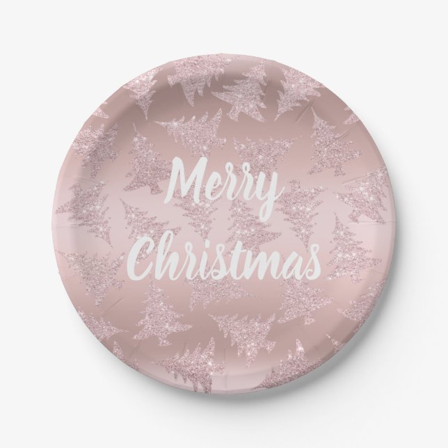 Elegant Rose Gold Glitter Christmas Tree Pattern Paper Plate (Front)