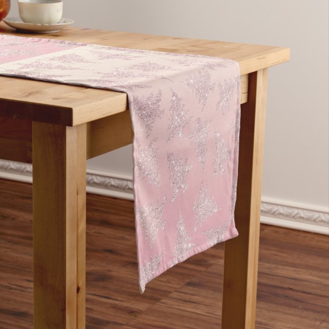 Elegant Rose Gold Glitter Christmas Tree Pattern Short Table Runner (In Situ)