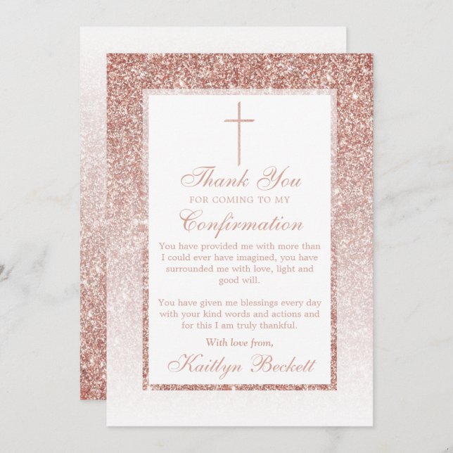 Elegant Rose Gold Glitter Confirmation Or Baptism Thank You Card (Front/Back)