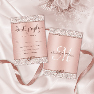 Elegant Rose Gold Glitter Damask Wedding RSVP Card
