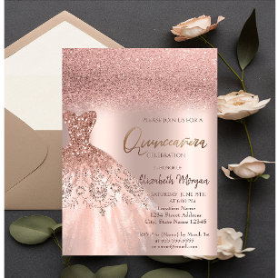 Elegant Rose Gold Glitter Dress Quinceañera Invitation