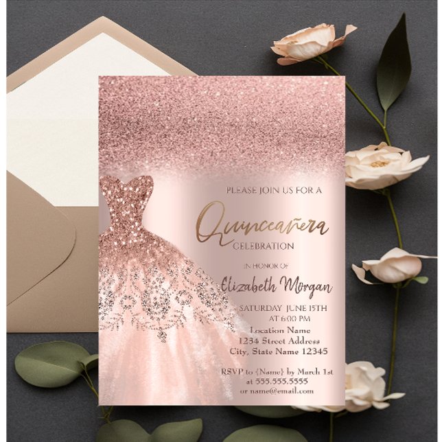 Elegant Rose Gold Glitter Dress Quinceañera Invitation (Creator Uploaded)