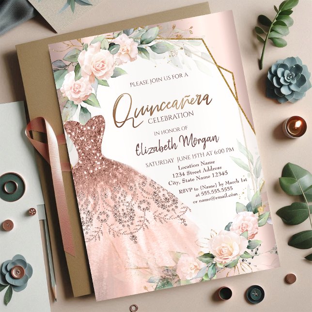 Elegant Rose Gold Glitter Dress Roses Quinceañera Invitation (Creator Uploaded)