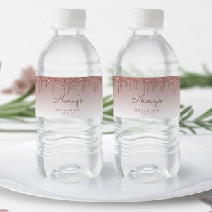 Elegant Rose Gold Glitter Drip 80th Birthday Party Water Bottle Label