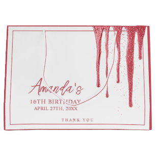 Elegant Rose Gold Glitter Drip Sweet 16 Birthday Large Gift Bag