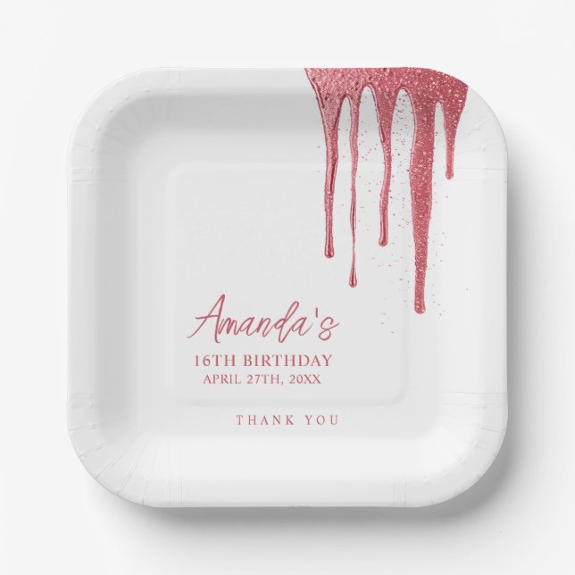 Elegant Rose Gold Glitter Drip Sweet 16 Birthday Paper Plate (Front)