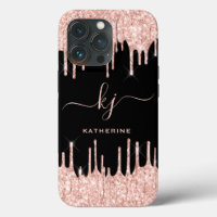 Elegant Rose Gold Glitter Drips 2 Monogram Script