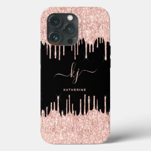 Elegant Rose Gold Glitter Drips 2 Monogram Script iPhone 13 Pro Case
