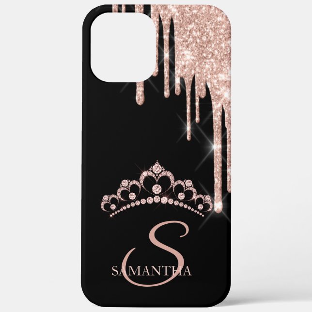 Elegant Rose Gold Glitter Drips Diamonds Tiara Case-Mate iPhone Case (Back)