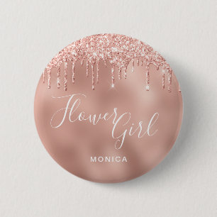 Elegant rose gold glitter drips flower girl 6 cm round badge