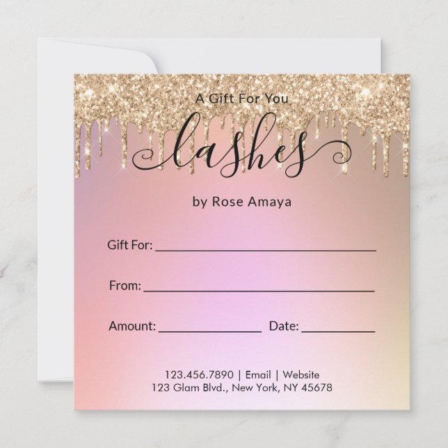 Elegant Rose Gold Glitter Drips Gift Certificate (Front)