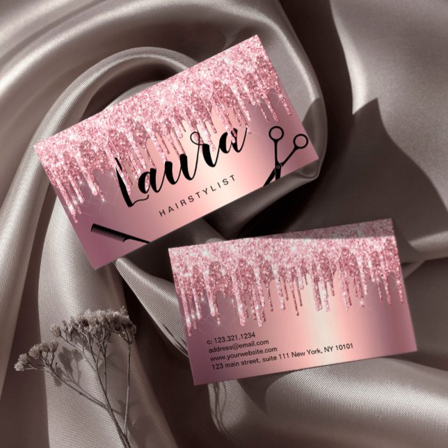 Elegant rose gold glitter drips hairstylist  business card (Creator Uploaded)