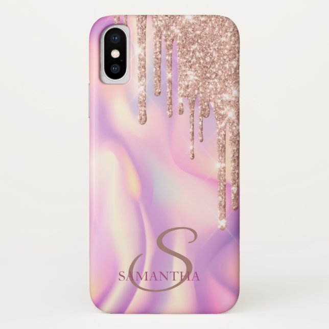 Elegant Rose Gold Glitter Drips Holographic Case-Mate iPhone Case (Back)