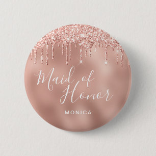 Elegant rose gold glitter drips maid of honor 6 cm round badge