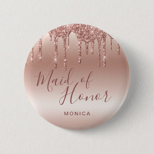 Elegant rose gold glitter drips maid of honor 6 cm round badge