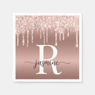 Elegant Rose Gold Glitter Drips Metal Monogram Napkin
