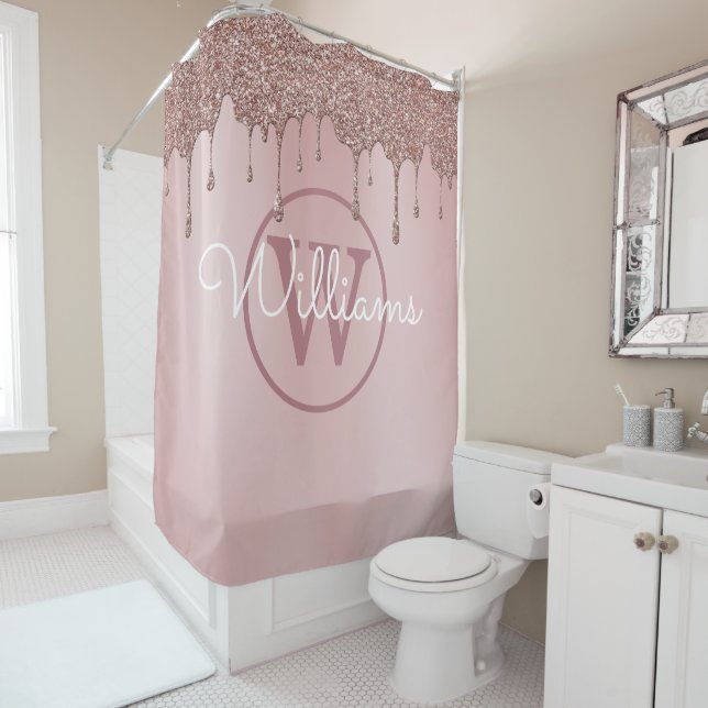 Elegant Rose Gold Glitter Drips Monogram Script Shower Curtain (In Situ)