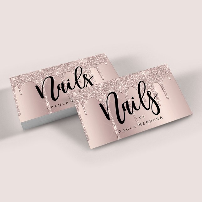 Elegant rose gold glitter drips nails business card (Creator Uploaded)