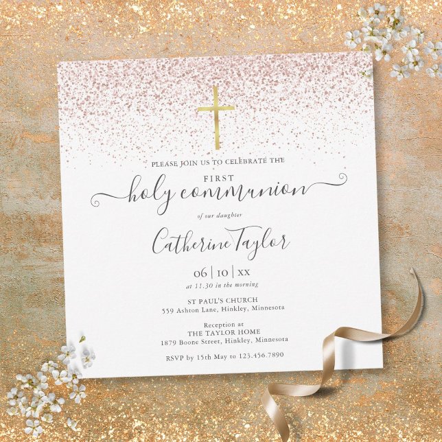 Elegant Rose Gold Glitter First Holy Communion Invitation (Elegant Rose Gold Glitter First Holy Communion Invitation)