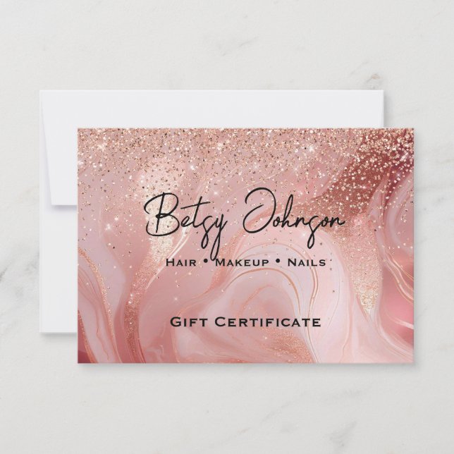 Elegant Rose Gold Glitter Gift Certificate Card (Front)