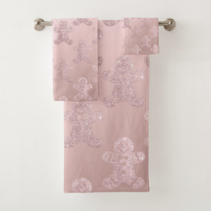 Elegant Rose Gold Glitter Gingerbread Man Pattern Bath Towel Set