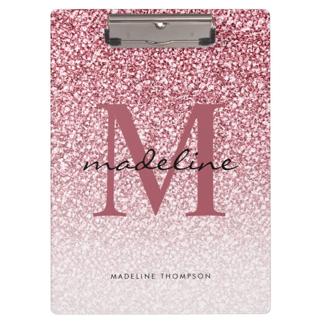 Elegant Rose Gold Glitter Girly Monogram Clipboard (Front)