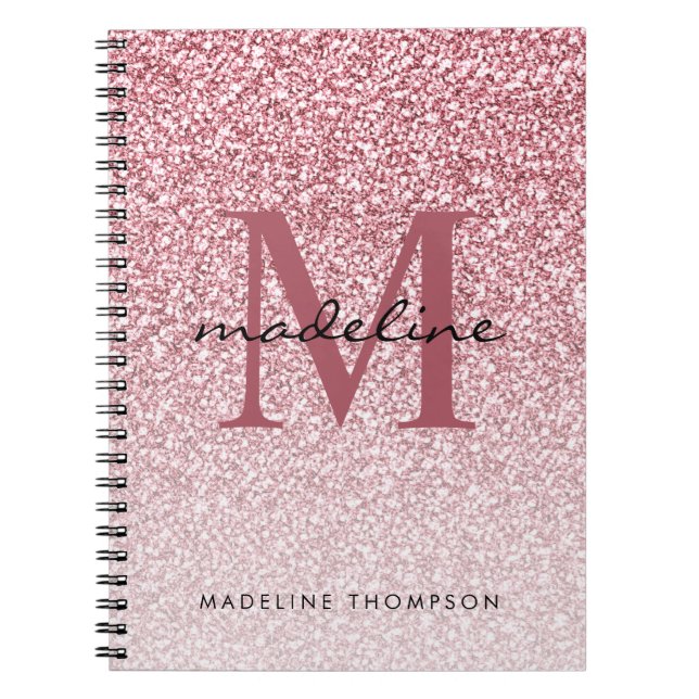 Elegant Rose Gold Glitter Girly Monogram Notebook (Front)
