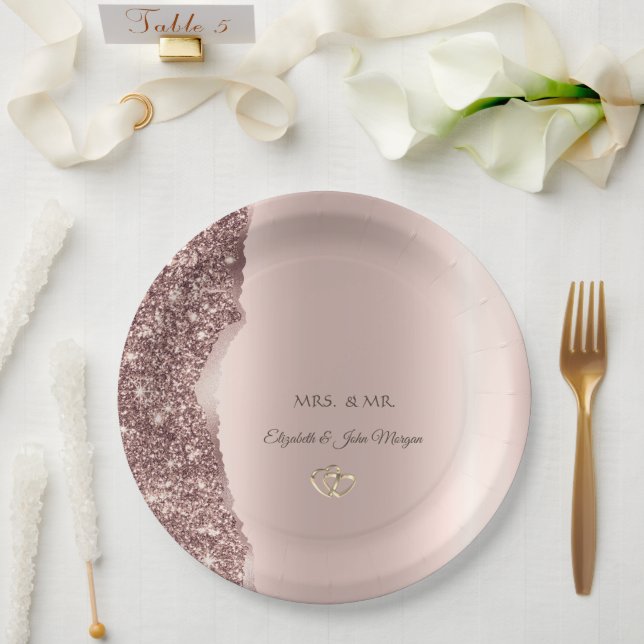 Elegant Rose Gold Glitter Gold Rings Paper Plate (Wedding)