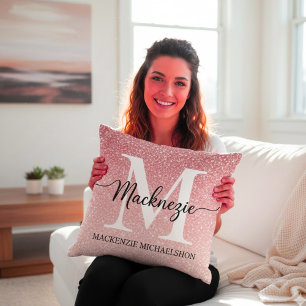 Elegant Rose Gold Glitter Gradient Monogram Name Cushion