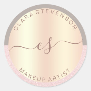 Elegant rose gold glitter & grey makeup artist classic round sticker