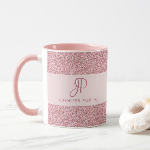Elegant Rose Gold Glitter Look Monogrammed Mug
