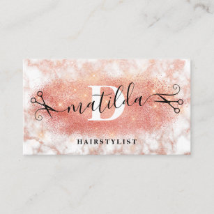 Elegant rose gold glitter marble hairstylist business card